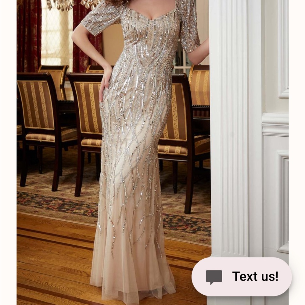 MGNY fully beaded champagne dress.
